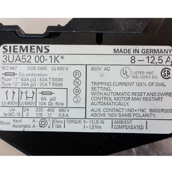 Siemens 3UA52 00-1K Overload Relay