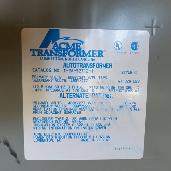 112.5 KVA 600V - 480V Transformer
