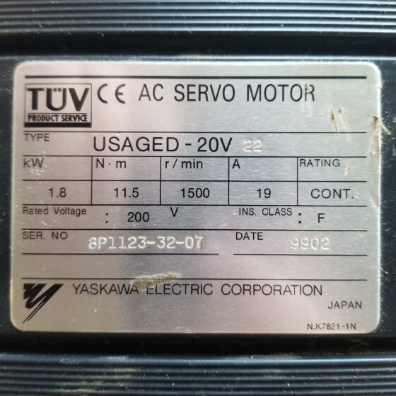 Yaskawa Electric Corp. USAGED-20V 22 AC Servo Motor 1500 RPM