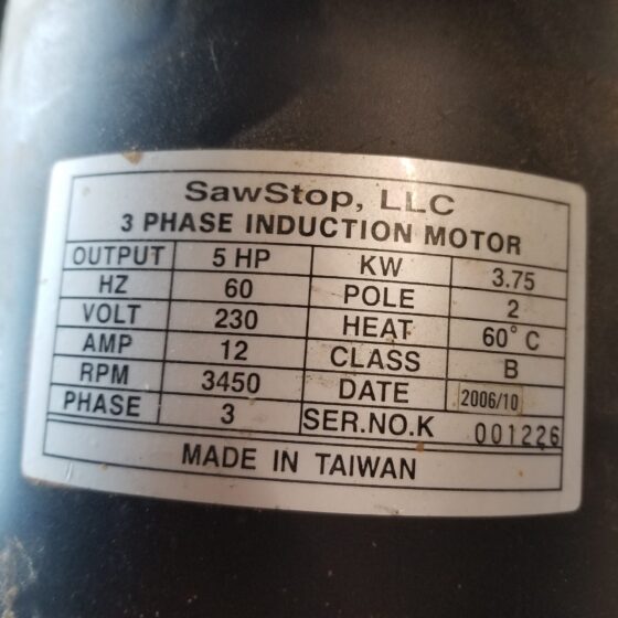 SawStop LLC 5 HP Induction Motor Coast Machinery Group