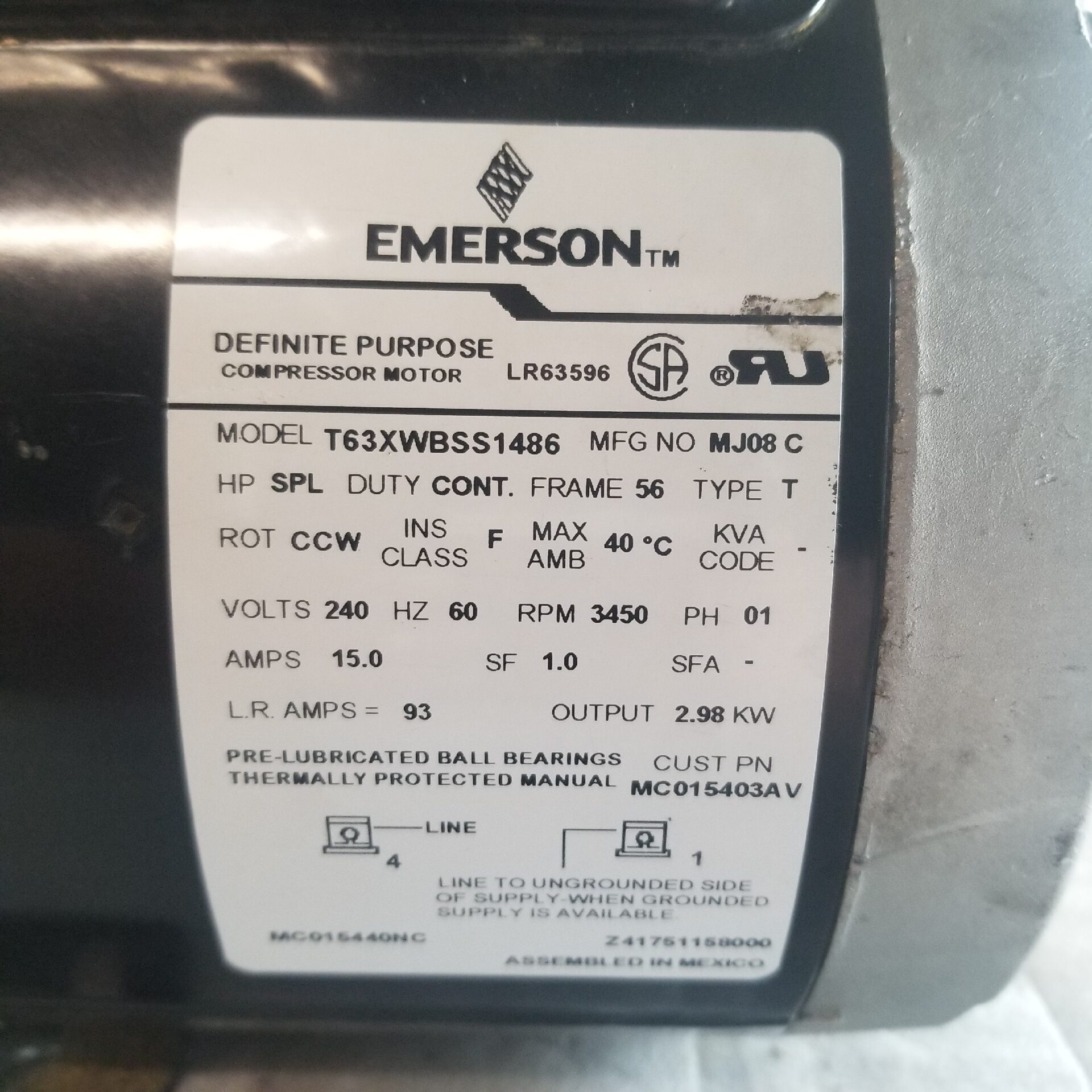 Emerson T63XWBSS1486 5 HP Compressor Motor Coast Machinery Group