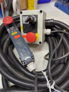 Used New Elfin Schneider Pushbutton Box With Emerg. E-Stop & Key Operated Selector Switch & Pizzato Safety Interlock Switch Actuator